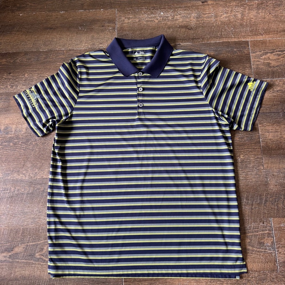 Adidas Golf Polo Mens‎ XL Navy Blue Striped Lely Mustang Golf Club Short Sleeve